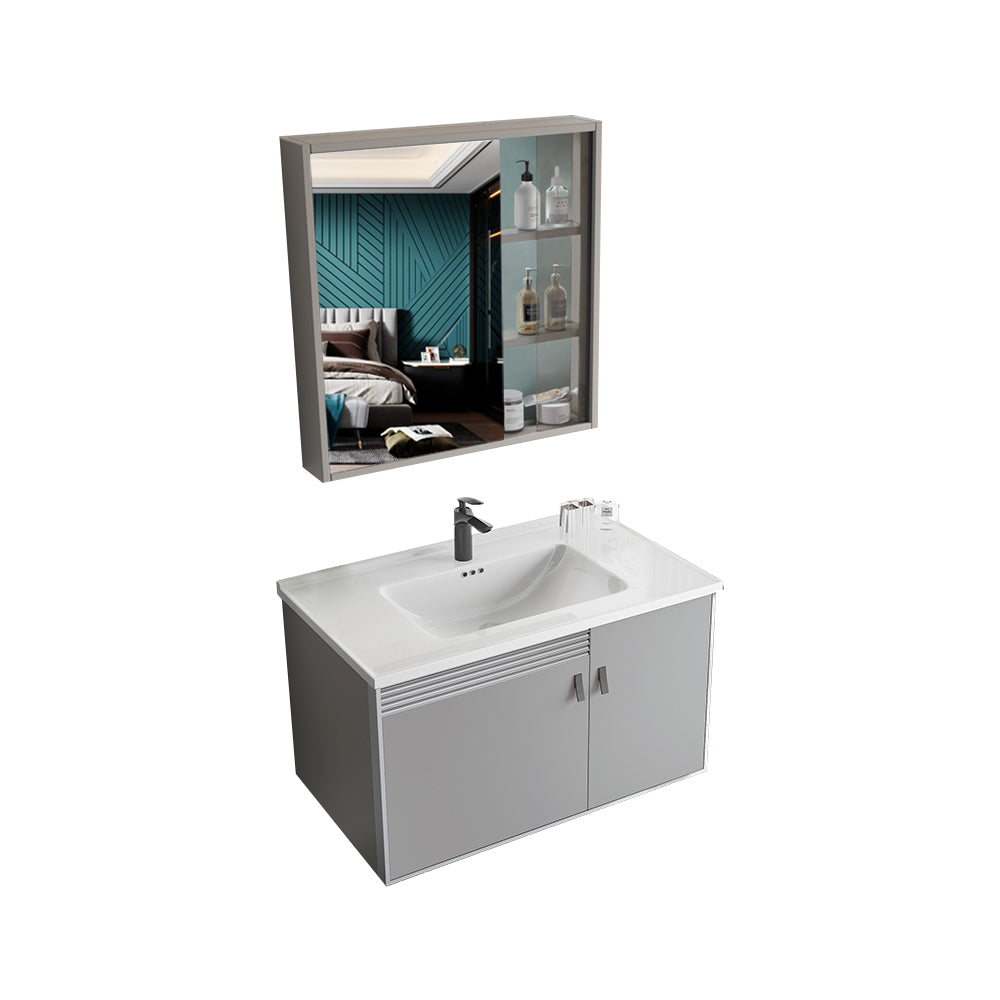 Metal Base Sink Vanity Modern Wall Mount Gray Single-Sink Rectangular Vanity Set Vanity & Faucet & Mirror Cabinet Ceramic Clearhalo 'Bathroom Remodel & Bathroom Fixtures' 'Bathroom Vanities' 'bathroom_vanities' 'Home Improvement' 'home_improvement' 'home_improvement_bathroom_vanities' 7433159