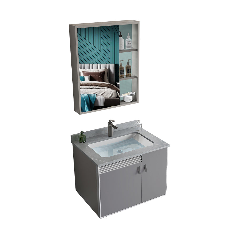 Metal Base Sink Vanity Modern Wall Mount Gray Single-Sink Rectangular Vanity Set Vanity & Faucet & Mirror Cabinet 24"L x 19"W x 17"H Stone Clearhalo 'Bathroom Remodel & Bathroom Fixtures' 'Bathroom Vanities' 'bathroom_vanities' 'Home Improvement' 'home_improvement' 'home_improvement_bathroom_vanities' 7433162