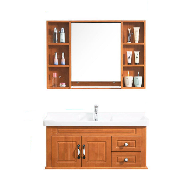 Mid Century Modern Sink Vanity Wood Wall Mount Bathroom Vanity with Mirror Vanity & Faucet & Mirror Cabinet 40"L x 19"W x 18"H Ceramic Clearhalo 'Bathroom Remodel & Bathroom Fixtures' 'Bathroom Vanities' 'bathroom_vanities' 'Home Improvement' 'home_improvement' 'home_improvement_bathroom_vanities' 7433203