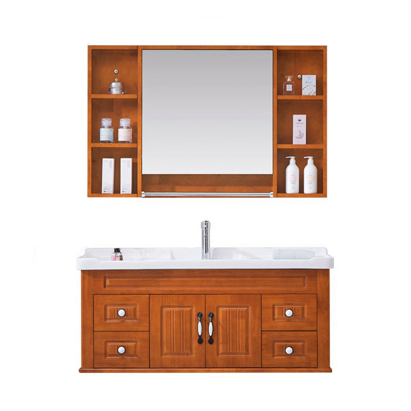 Mid Century Modern Sink Vanity Wood Wall Mount Bathroom Vanity with Mirror Vanity & Faucet & Mirror Cabinet 48"L x 19"W x 18"H Ceramic Clearhalo 'Bathroom Remodel & Bathroom Fixtures' 'Bathroom Vanities' 'bathroom_vanities' 'Home Improvement' 'home_improvement' 'home_improvement_bathroom_vanities' 7433209