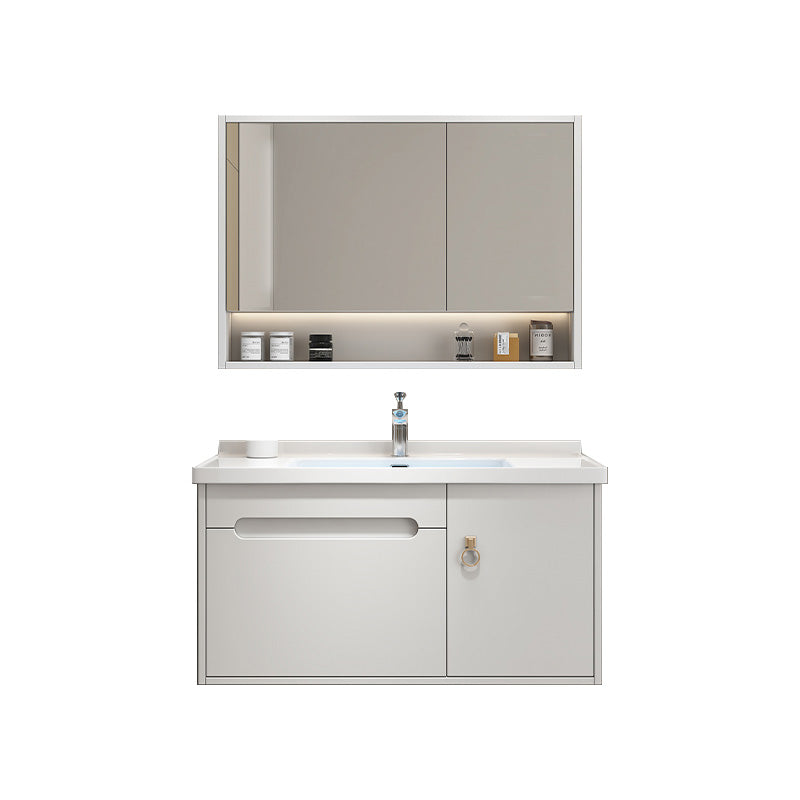 Single Glam Bathroom Vanity Ceramic Top Wall Mount Bath Vanity Vanity & Faucet & Mirror Cabinet 32"L x 20"W x 19"H White Clearhalo 'Bathroom Remodel & Bathroom Fixtures' 'Bathroom Vanities' 'bathroom_vanities' 'Home Improvement' 'home_improvement' 'home_improvement_bathroom_vanities' 7433236