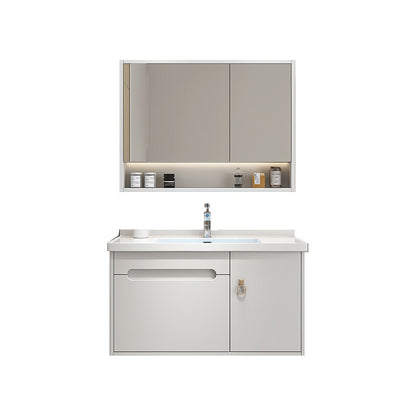 Single Glam Bathroom Vanity Ceramic Top Wall Mount Bath Vanity Vanity & Faucet & Mirror Cabinet 24"L x 20"W x 19"H White Clearhalo 'Bathroom Remodel & Bathroom Fixtures' 'Bathroom Vanities' 'bathroom_vanities' 'Home Improvement' 'home_improvement' 'home_improvement_bathroom_vanities' 7433237