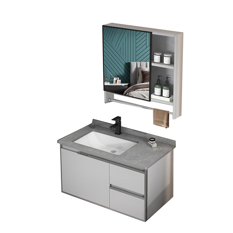 Modern Bath Vanity Gray Single Rectangular Wall Mount Sink Vanity Vanity & Faucet & Mirror Cabinet 31"L x 19"W x 18"H 2 Clearhalo 'Bathroom Remodel & Bathroom Fixtures' 'Bathroom Vanities' 'bathroom_vanities' 'Home Improvement' 'home_improvement' 'home_improvement_bathroom_vanities' 7433258