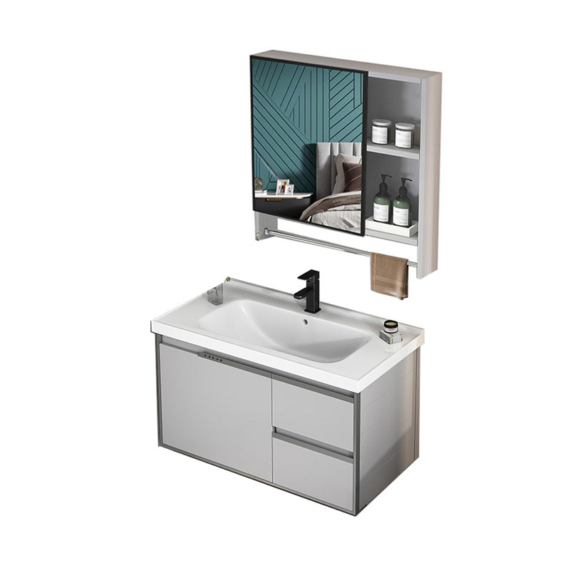 Modern Bath Vanity Gray Single Rectangular Wall Mount Sink Vanity Vanity & Faucet & Mirror Cabinet 32"L x 19"W x 18"H 2 Clearhalo 'Bathroom Remodel & Bathroom Fixtures' 'Bathroom Vanities' 'bathroom_vanities' 'Home Improvement' 'home_improvement' 'home_improvement_bathroom_vanities' 7433262