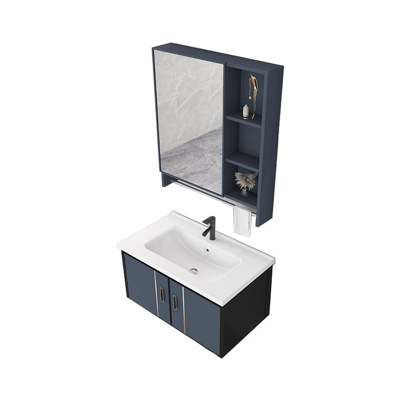 Glam Metal Sink Vanity Wall Mount Single-Sink Bathroom Vanity Vanity & Faucet & Mirror Cabinet 32"L x 19"W x 17"H Clearhalo 'Bathroom Remodel & Bathroom Fixtures' 'Bathroom Vanities' 'bathroom_vanities' 'Home Improvement' 'home_improvement' 'home_improvement_bathroom_vanities' 7433364