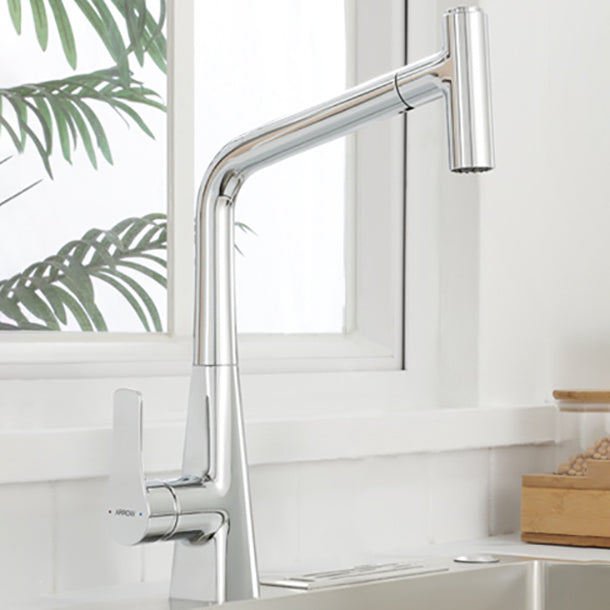 Contemporary Kitchen Bar Faucet Lead Free Swivel Spout with Pull Out Sprayer Light Silver Clearhalo 'Home Improvement' 'home_improvement' 'home_improvement_kitchen_faucets' 'Kitchen Faucets' 'Kitchen Remodel & Kitchen Fixtures' 'Kitchen Sinks & Faucet Components' 'kitchen_faucets' 7434017