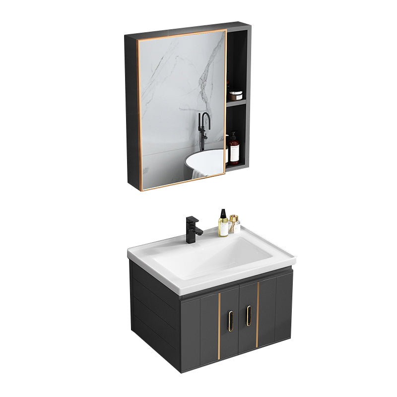 Single Sink Bath Vanity Black Wall Mount Modern Metal Base Vanity Set Vanity & Faucet & Mirror Cabinet 23.6"L x 18.5"W x 17.7"H Ceramic Clearhalo 'Bathroom Remodel & Bathroom Fixtures' 'Bathroom Vanities' 'bathroom_vanities' 'Home Improvement' 'home_improvement' 'home_improvement_bathroom_vanities' 7435337