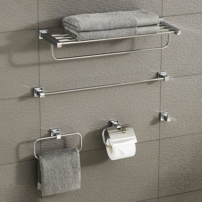 Metal Silver Bathroom Hardware Set 5 - Piece Adhesive Mount Bathroom Hardware 5 Piece Set Clearhalo 'Bathroom Hardware Sets' 'Bathroom Hardware' 'Bathroom Remodel & Bathroom Fixtures' 'bathroom_hardware_sets' 'Home Improvement' 'home_improvement' 'home_improvement_bathroom_hardware_sets' 7437850