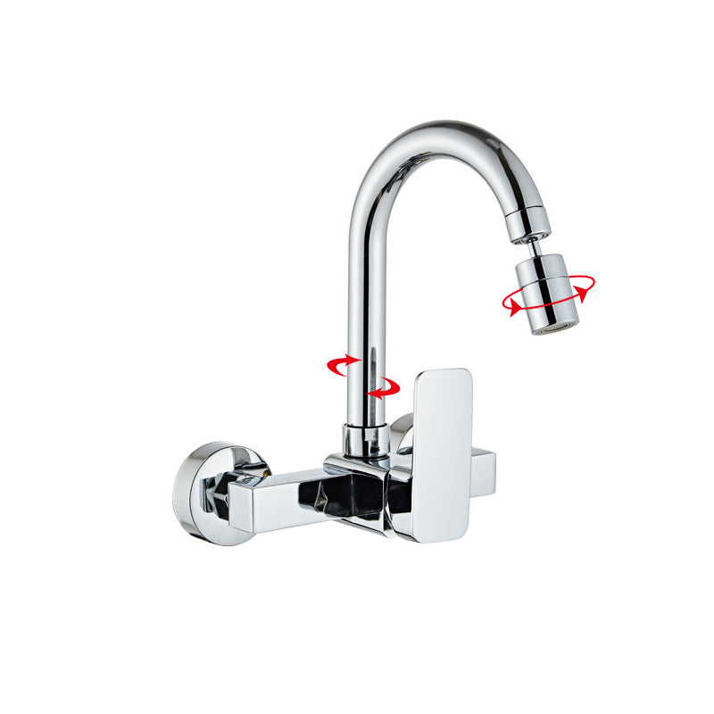 Modern Wall Mounted Single Handle Kitchen Faucet Metal Faucet in Chrome Square Curved Faucet Clearhalo 'Home Improvement' 'home_improvement' 'home_improvement_kitchen_faucets' 'Kitchen Faucets' 'Kitchen Remodel & Kitchen Fixtures' 'Kitchen Sinks & Faucet Components' 'kitchen_faucets' 7440076