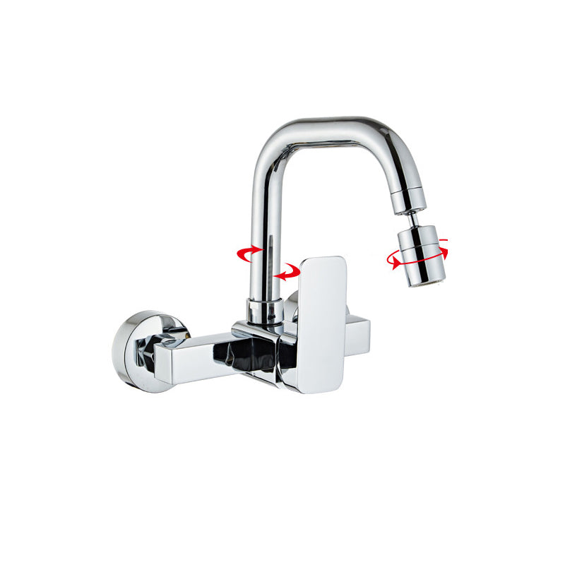 Modern Wall Mounted Single Handle Kitchen Faucet Metal Faucet in Chrome 7 Shape Dual Mode Water Outlet Clearhalo 'Home Improvement' 'home_improvement' 'home_improvement_kitchen_faucets' 'Kitchen Faucets' 'Kitchen Remodel & Kitchen Fixtures' 'Kitchen Sinks & Faucet Components' 'kitchen_faucets' 7440078
