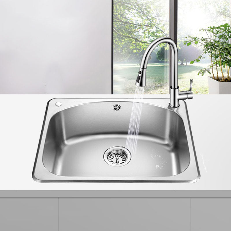 Modern Stainless Steel Kitchen Sink Single Bowl Sink with Basket Strainer Refined Copper Faucet Clearhalo 'Home Improvement' 'home_improvement' 'home_improvement_kitchen_sinks' 'Kitchen Remodel & Kitchen Fixtures' 'Kitchen Sinks & Faucet Components' 'Kitchen Sinks' 'kitchen_sinks' 7440151