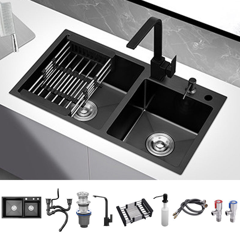 Modern Style Kitchen Sink Soundproof Design Drop-In Stainless Steel Kitchen Double Sink Sink with Faucet Square Faucet Clearhalo 'Home Improvement' 'home_improvement' 'home_improvement_kitchen_sinks' 'Kitchen Remodel & Kitchen Fixtures' 'Kitchen Sinks & Faucet Components' 'Kitchen Sinks' 'kitchen_sinks' 7440210