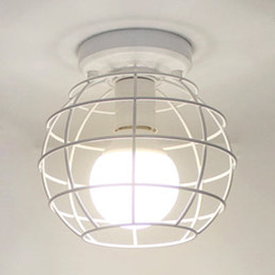 Globe Cage Metal Shade Ceiling Light Fixture Retro Style 1 Light Corridor Flush Mount Ceiling Light in Black/White White Clearhalo 'Ceiling Lights' 'Close To Ceiling Lights' 'Close to ceiling' 'Flush mount' 'Industrial Flush Mount' Lighting' 7441