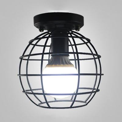 Globe Cage Metal Shade Ceiling Light Fixture Retro Style 1 Light Corridor Flush Mount Ceiling Light in Black/White Black Clearhalo 'Ceiling Lights' 'Close To Ceiling Lights' 'Close to ceiling' 'Flush mount' 'Industrial Flush Mount' Lighting' 7442