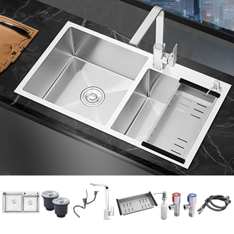 Modern Style Drop-In Kitchen Sink Soundproof Design Stainless Steel Kitchen Double Sink Sink with Faucet Square Faucet Clearhalo 'Home Improvement' 'home_improvement' 'home_improvement_kitchen_sinks' 'Kitchen Remodel & Kitchen Fixtures' 'Kitchen Sinks & Faucet Components' 'Kitchen Sinks' 'kitchen_sinks' 7442448