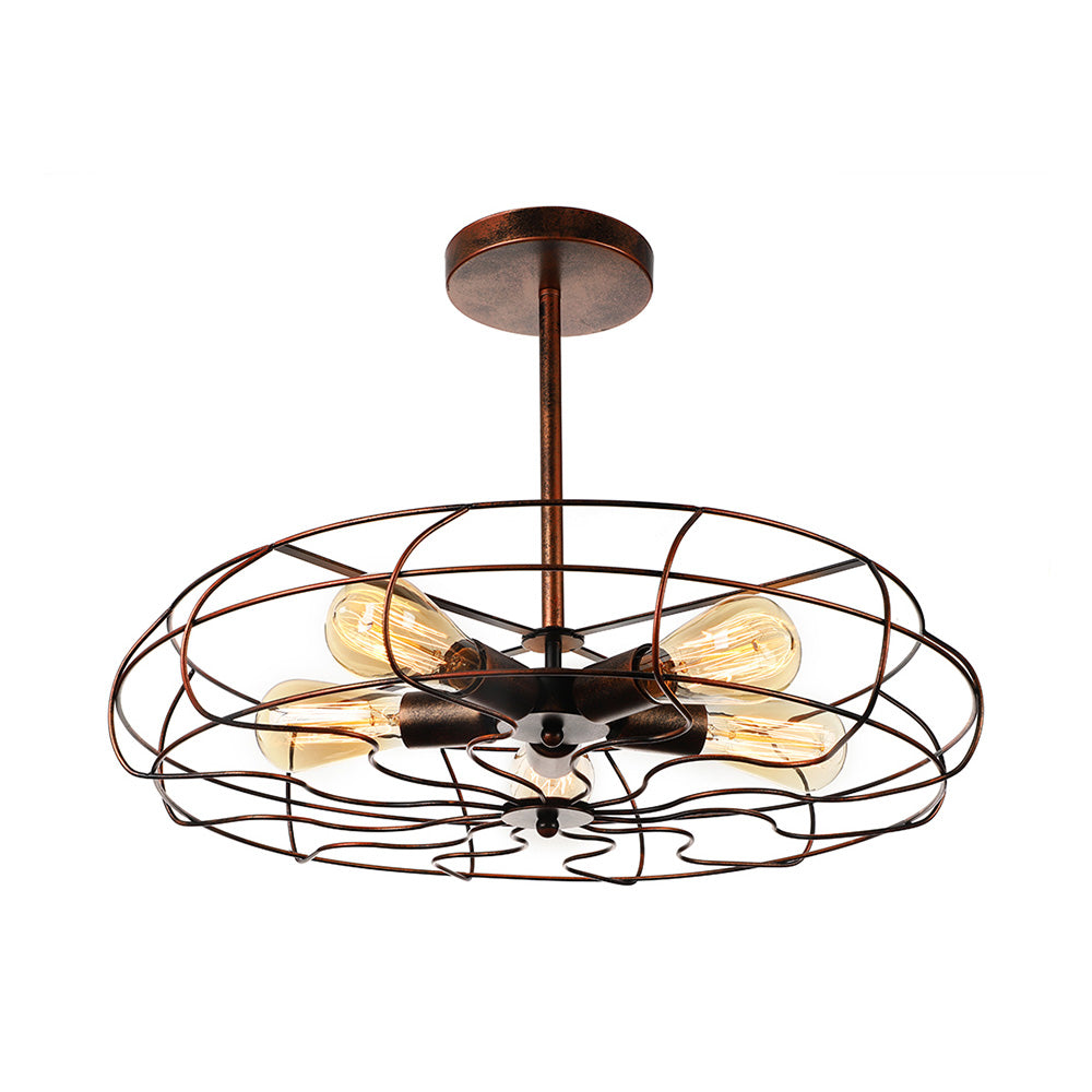 Fan Shaped Iron Ceiling Light with Wire Cage Shade Vintage 5 Lights Living Room Semi Flush Mount Light in Rust/Black Rust Clearhalo 'Ceiling Lights' 'Close To Ceiling Lights' 'Close to ceiling' 'Semi-flushmount' Lighting' 7445