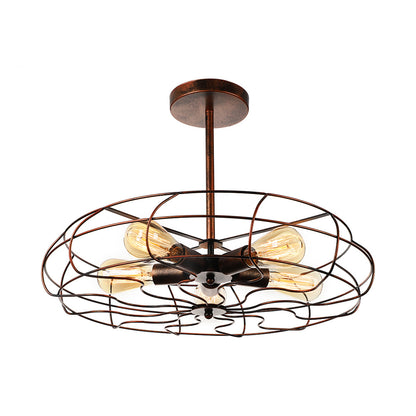 Fan Shaped Iron Ceiling Light with Wire Cage Shade Vintage 5 Lights Living Room Semi Flush Mount Light in Rust/Black Rust Clearhalo 'Ceiling Lights' 'Close To Ceiling Lights' 'Close to ceiling' 'Semi-flushmount' Lighting' 7445