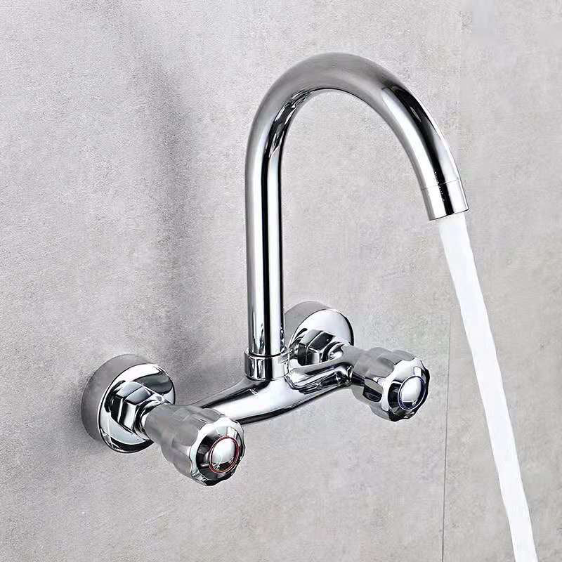 Wall Mounted Two Handles Kitchen Faucet Bronze Faucet in Chrome Gooseneck Clearhalo 'Home Improvement' 'home_improvement' 'home_improvement_kitchen_faucets' 'Kitchen Faucets' 'Kitchen Remodel & Kitchen Fixtures' 'Kitchen Sinks & Faucet Components' 'kitchen_faucets' 7452706