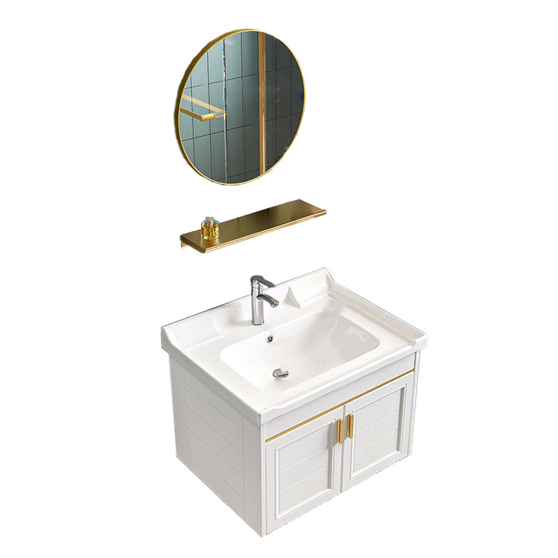 Glam Single Sink Bath Vanity Wall Mount White Metal Base Sink Vanity Vanity & Faucet & Mirrors 24"L x 16"W x 16"H Round Mirror Clearhalo 'Bathroom Remodel & Bathroom Fixtures' 'Bathroom Vanities' 'bathroom_vanities' 'Home Improvement' 'home_improvement' 'home_improvement_bathroom_vanities' 7454719