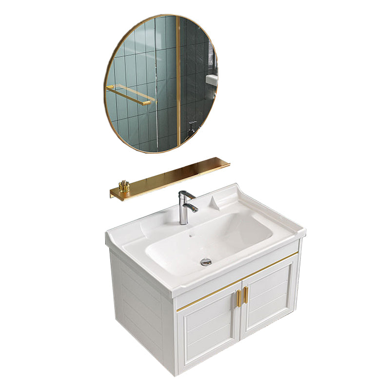 Glam Single Sink Bath Vanity Wall Mount White Metal Base Sink Vanity Vanity & Faucet & Mirrors Round Mirror Clearhalo 'Bathroom Remodel & Bathroom Fixtures' 'Bathroom Vanities' 'bathroom_vanities' 'Home Improvement' 'home_improvement' 'home_improvement_bathroom_vanities' 7454722