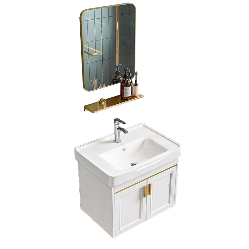 Glam Single Sink Bath Vanity Wall Mount White Metal Base Sink Vanity Vanity & Faucet & Mirrors 20"L x 14"W x 16"H Square Mirror Clearhalo 'Bathroom Remodel & Bathroom Fixtures' 'Bathroom Vanities' 'bathroom_vanities' 'Home Improvement' 'home_improvement' 'home_improvement_bathroom_vanities' 7454725
