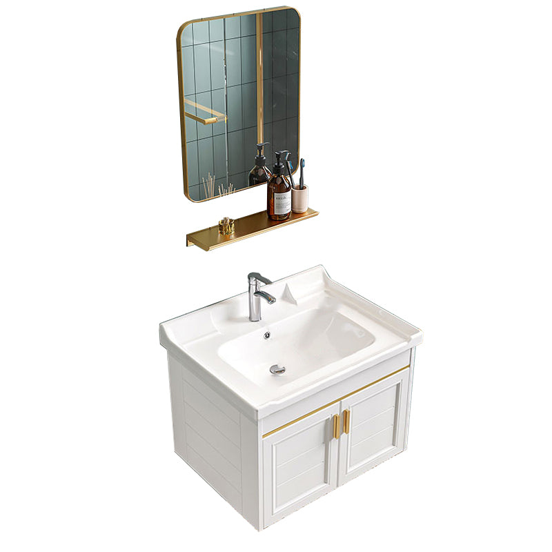 Glam Single Sink Bath Vanity Wall Mount White Metal Base Sink Vanity Vanity & Faucet & Mirrors 24"L x 16"W x 16"H Square Mirror Clearhalo 'Bathroom Remodel & Bathroom Fixtures' 'Bathroom Vanities' 'bathroom_vanities' 'Home Improvement' 'home_improvement' 'home_improvement_bathroom_vanities' 7454729