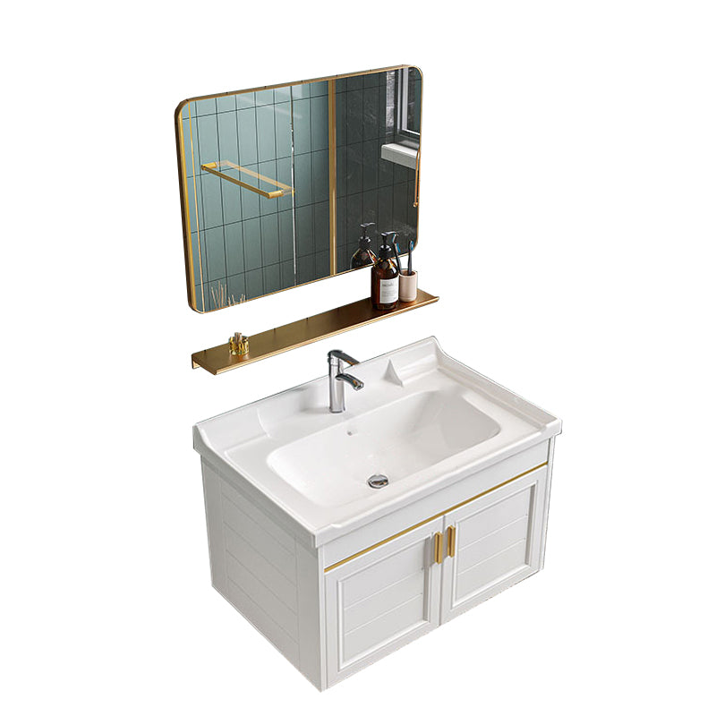 Glam Single Sink Bath Vanity Wall Mount White Metal Base Sink Vanity Vanity & Faucet & Mirrors Square Mirror Clearhalo 'Bathroom Remodel & Bathroom Fixtures' 'Bathroom Vanities' 'bathroom_vanities' 'Home Improvement' 'home_improvement' 'home_improvement_bathroom_vanities' 7454730