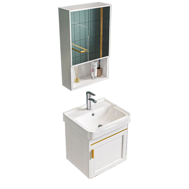 Glam Single Sink Bath Vanity Wall Mount White Metal Base Sink Vanity Vanity & Faucet & Mirror Cabinet 17"L x 14"W x 16"H Square Mirror Clearhalo 'Bathroom Remodel & Bathroom Fixtures' 'Bathroom Vanities' 'bathroom_vanities' 'Home Improvement' 'home_improvement' 'home_improvement_bathroom_vanities' 7454731