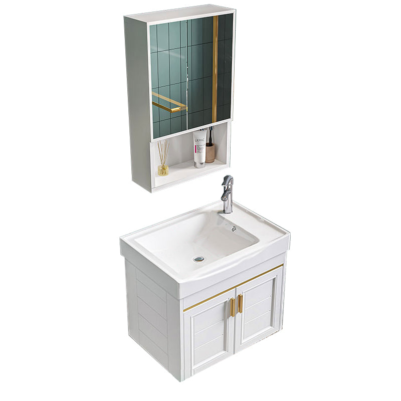 Glam Single Sink Bath Vanity Wall Mount White Metal Base Sink Vanity Vanity & Faucet & Mirror Cabinet 20"L x 12"W x 16"H Square Mirror Clearhalo 'Bathroom Remodel & Bathroom Fixtures' 'Bathroom Vanities' 'bathroom_vanities' 'Home Improvement' 'home_improvement' 'home_improvement_bathroom_vanities' 7454733