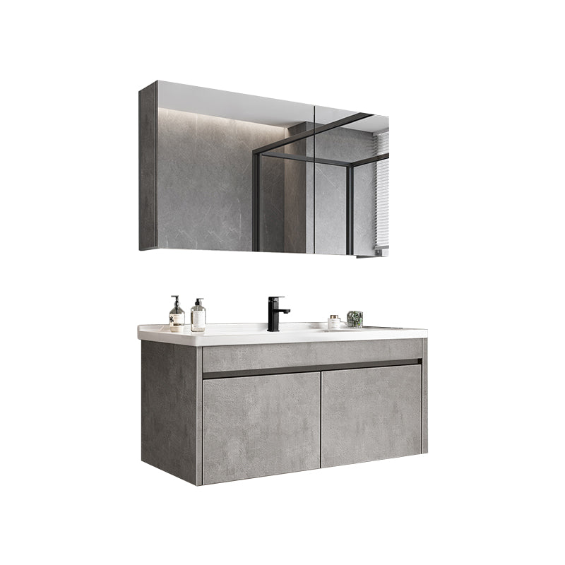 Gray Modern Bathroom Vanity Single-Sink Rectangular Wall Mount Vanity Set Vanity & Faucet & Mirror Cabinet 32"L x 19"W x 16"H Clearhalo 'Bathroom Remodel & Bathroom Fixtures' 'Bathroom Vanities' 'bathroom_vanities' 'Home Improvement' 'home_improvement' 'home_improvement_bathroom_vanities' 7462909