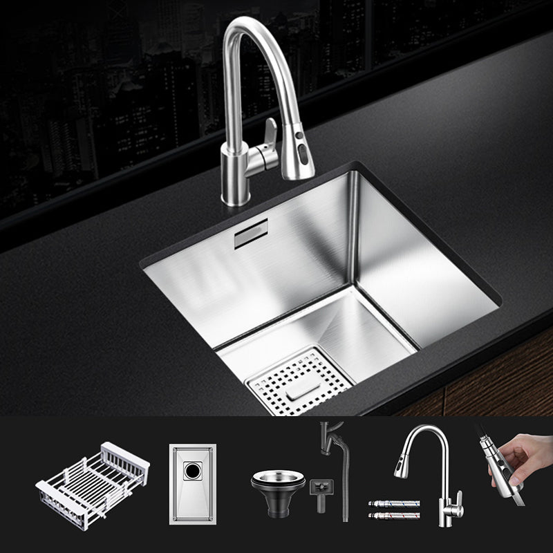 Rectangle Single Bowl Kitchen Sink Stainless Steel Sink with Drain Strainer Kit 15"L x 13"W x 8"H Sink with Faucet Round Pull Out Faucet Clearhalo 'Home Improvement' 'home_improvement' 'home_improvement_kitchen_sinks' 'Kitchen Remodel & Kitchen Fixtures' 'Kitchen Sinks & Faucet Components' 'Kitchen Sinks' 'kitchen_sinks' 7465342