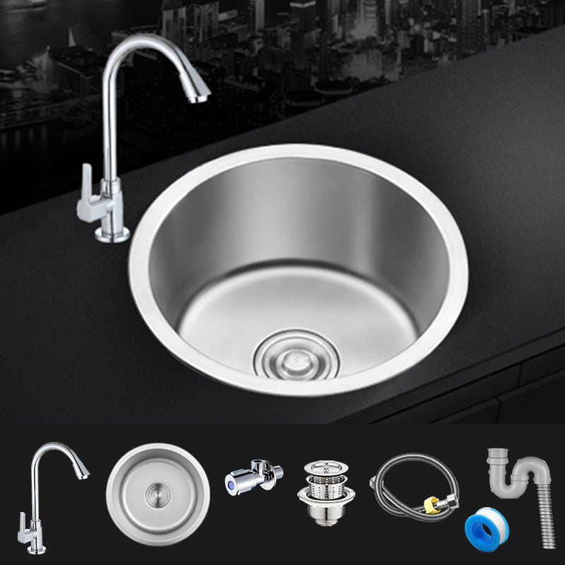 Contemporary Single Bowl Kitchen Sink Round Stainless Steel Sink with Drain Strainer Kit Sink with Faucet Steel Drain with Single Cold Faucet Clearhalo 'Home Improvement' 'home_improvement' 'home_improvement_kitchen_sinks' 'Kitchen Remodel & Kitchen Fixtures' 'Kitchen Sinks & Faucet Components' 'Kitchen Sinks' 'kitchen_sinks' 7465399