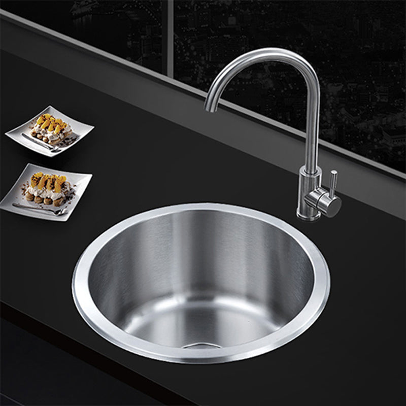 Contemporary Single Bowl Kitchen Sink Round Stainless Steel Sink with Drain Strainer Kit 14"L x 14"W x 7"H Sink with Faucet Steel Drain with Cold-Hot Faucet Clearhalo 'Home Improvement' 'home_improvement' 'home_improvement_kitchen_sinks' 'Kitchen Remodel & Kitchen Fixtures' 'Kitchen Sinks & Faucet Components' 'Kitchen Sinks' 'kitchen_sinks' 7465400
