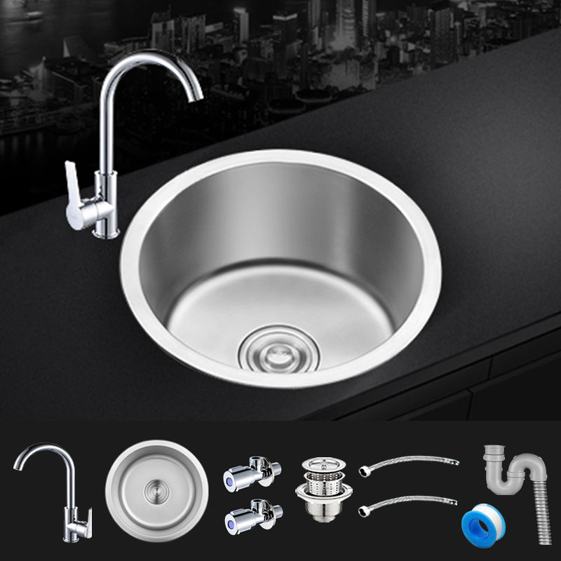 Contemporary Single Bowl Kitchen Sink Round Stainless Steel Sink with Drain Strainer Kit 16"L x 16"W x 8"H Sink with Faucet Steel Drain with Cold-Hot Faucet Clearhalo 'Home Improvement' 'home_improvement' 'home_improvement_kitchen_sinks' 'Kitchen Remodel & Kitchen Fixtures' 'Kitchen Sinks & Faucet Components' 'Kitchen Sinks' 'kitchen_sinks' 7465401