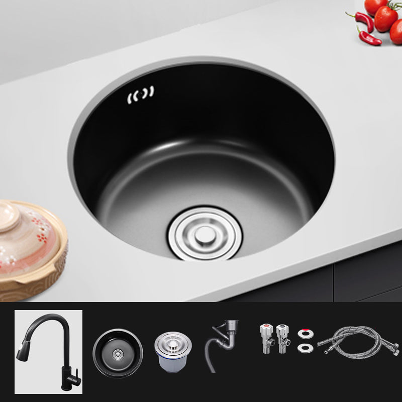 Single Bowl Kitchen Sink Round Stainless Steel Sink with Drain Strainer Kit Sink with Faucet Pull Out Faucet Clearhalo 'Home Improvement' 'home_improvement' 'home_improvement_kitchen_sinks' 'Kitchen Remodel & Kitchen Fixtures' 'Kitchen Sinks & Faucet Components' 'Kitchen Sinks' 'kitchen_sinks' 7465441