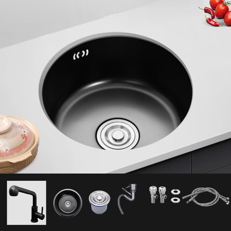 Single Bowl Kitchen Sink Round Stainless Steel Sink with Drain Strainer Kit 12.6"L x 12.6"W x 7.1"H Sink with Faucet Straight Pull-Out Faucet Clearhalo 'Home Improvement' 'home_improvement' 'home_improvement_kitchen_sinks' 'Kitchen Remodel & Kitchen Fixtures' 'Kitchen Sinks & Faucet Components' 'Kitchen Sinks' 'kitchen_sinks' 7465443