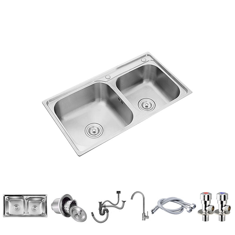 Modern Style Kitchen Sink Stainless Steel Kitchen Double Sink with Faucet Round Faucet Clearhalo 'Home Improvement' 'home_improvement' 'home_improvement_kitchen_sinks' 'Kitchen Remodel & Kitchen Fixtures' 'Kitchen Sinks & Faucet Components' 'Kitchen Sinks' 'kitchen_sinks' 7469447