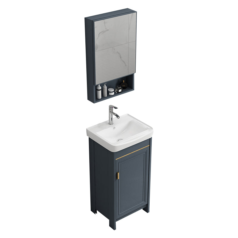 Single Blue Freestanding Bathroom Vanity Modern Metal Base Bath Vanity Vanity & Faucet & Mirror Cabinet 17"L x 14"W x 32"H Towel Bar Not Included Clearhalo 'Bathroom Remodel & Bathroom Fixtures' 'Bathroom Vanities' 'bathroom_vanities' 'Home Improvement' 'home_improvement' 'home_improvement_bathroom_vanities' 7470795