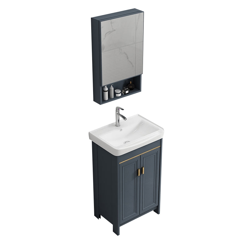 Single Blue Freestanding Bathroom Vanity Modern Metal Base Bath Vanity Vanity & Faucet & Mirror Cabinet 20"L x 14"W x 32"H Towel Bar Not Included Clearhalo 'Bathroom Remodel & Bathroom Fixtures' 'Bathroom Vanities' 'bathroom_vanities' 'Home Improvement' 'home_improvement' 'home_improvement_bathroom_vanities' 7470803