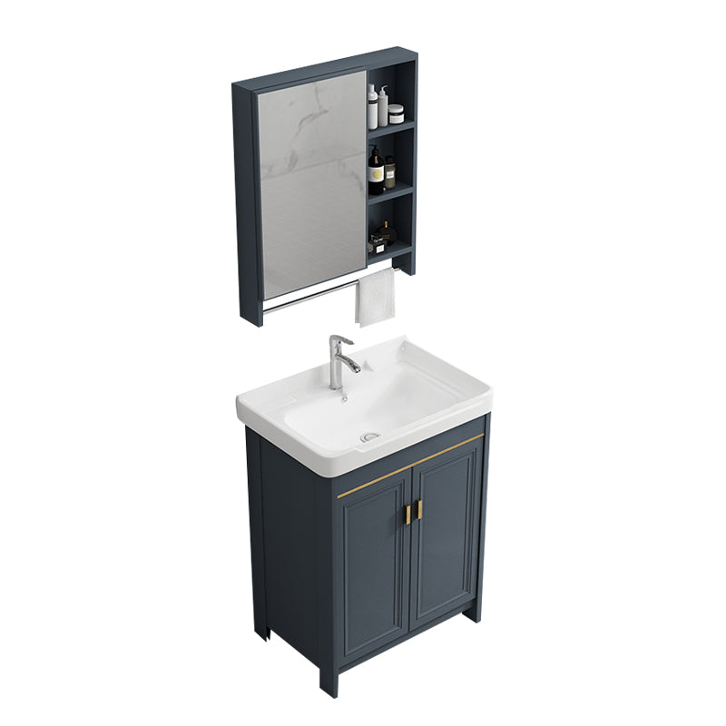 Single Blue Freestanding Bathroom Vanity Modern Metal Base Bath Vanity Vanity & Faucet & Mirror Cabinet 24"L x 16"W x 32"H Towel Bar Included Clearhalo 'Bathroom Remodel & Bathroom Fixtures' 'Bathroom Vanities' 'bathroom_vanities' 'Home Improvement' 'home_improvement' 'home_improvement_bathroom_vanities' 7470811