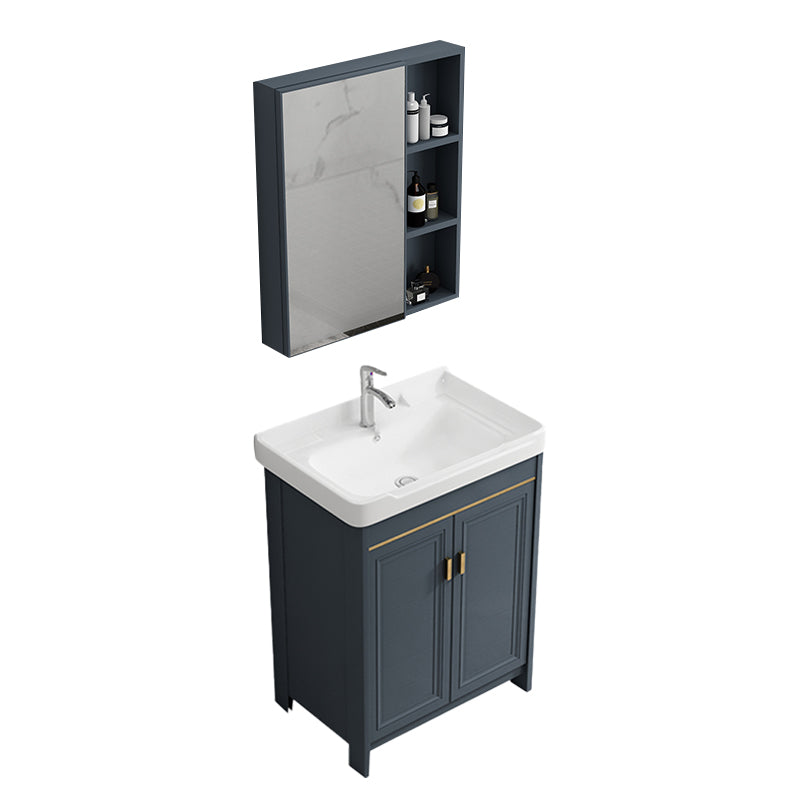 Single Blue Freestanding Bathroom Vanity Modern Metal Base Bath Vanity Vanity & Faucet & Mirror Cabinet 24"L x 16"W x 32"H Towel Bar Not Included Clearhalo 'Bathroom Remodel & Bathroom Fixtures' 'Bathroom Vanities' 'bathroom_vanities' 'Home Improvement' 'home_improvement' 'home_improvement_bathroom_vanities' 7470812