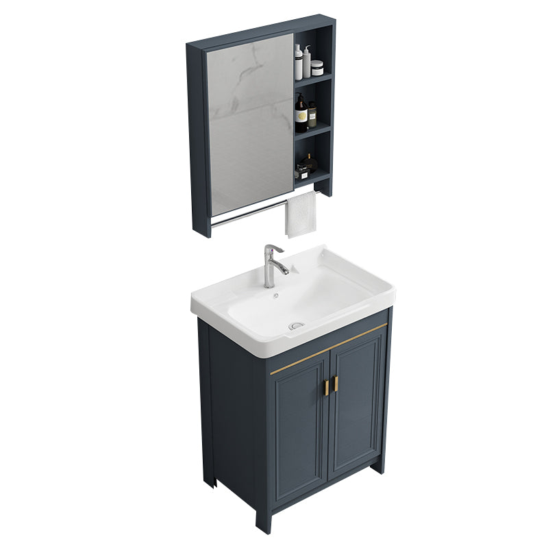 Single Blue Freestanding Bathroom Vanity Modern Metal Base Bath Vanity Vanity & Faucet & Mirror Cabinet 24"L x 19"W x 32"H Towel Bar Included Clearhalo 'Bathroom Remodel & Bathroom Fixtures' 'Bathroom Vanities' 'bathroom_vanities' 'Home Improvement' 'home_improvement' 'home_improvement_bathroom_vanities' 7470817