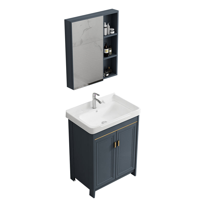 Single Blue Freestanding Bathroom Vanity Modern Metal Base Bath Vanity Vanity & Faucet & Mirror Cabinet 24"L x 19"W x 32"H Towel Bar Not Included Clearhalo 'Bathroom Remodel & Bathroom Fixtures' 'Bathroom Vanities' 'bathroom_vanities' 'Home Improvement' 'home_improvement' 'home_improvement_bathroom_vanities' 7470818