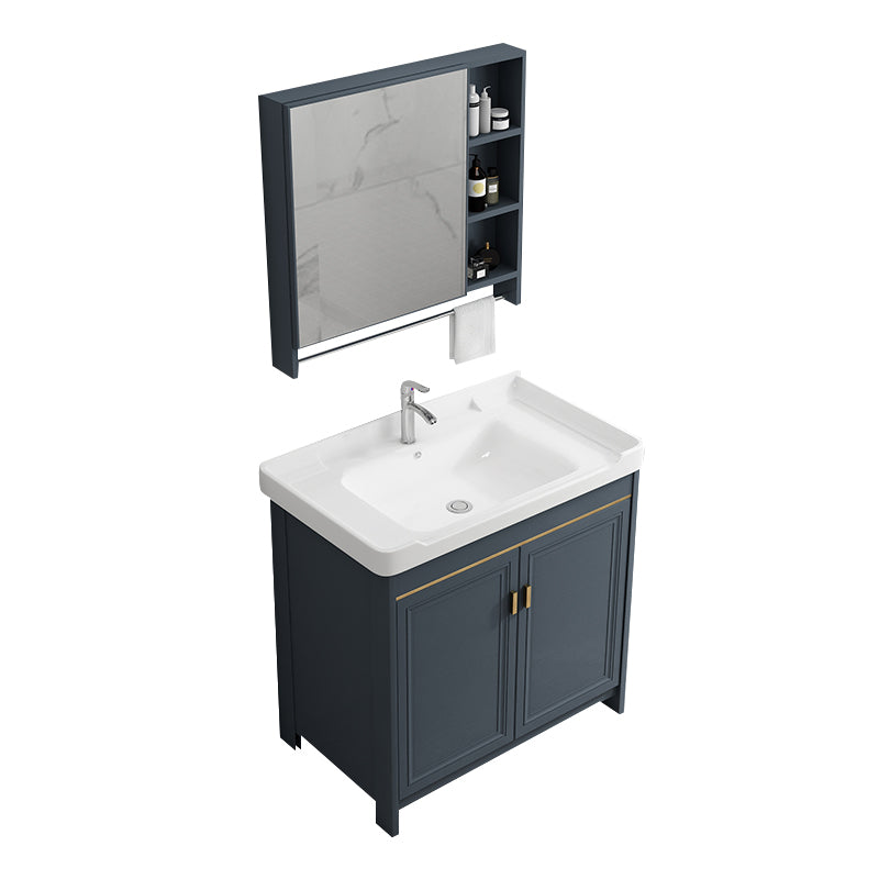 Single Blue Freestanding Bathroom Vanity Modern Metal Base Bath Vanity Vanity & Faucet & Mirror Cabinet Towel Bar Included Clearhalo 'Bathroom Remodel & Bathroom Fixtures' 'Bathroom Vanities' 'bathroom_vanities' 'Home Improvement' 'home_improvement' 'home_improvement_bathroom_vanities' 7470820