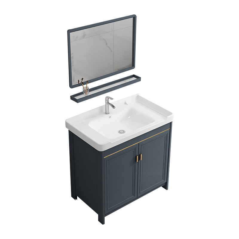 Single Blue Freestanding Bathroom Vanity Modern Metal Base Bath Vanity Vanity & Faucet & Mirrors Towel Bar Not Included Clearhalo 'Bathroom Remodel & Bathroom Fixtures' 'Bathroom Vanities' 'bathroom_vanities' 'Home Improvement' 'home_improvement' 'home_improvement_bathroom_vanities' 7470822