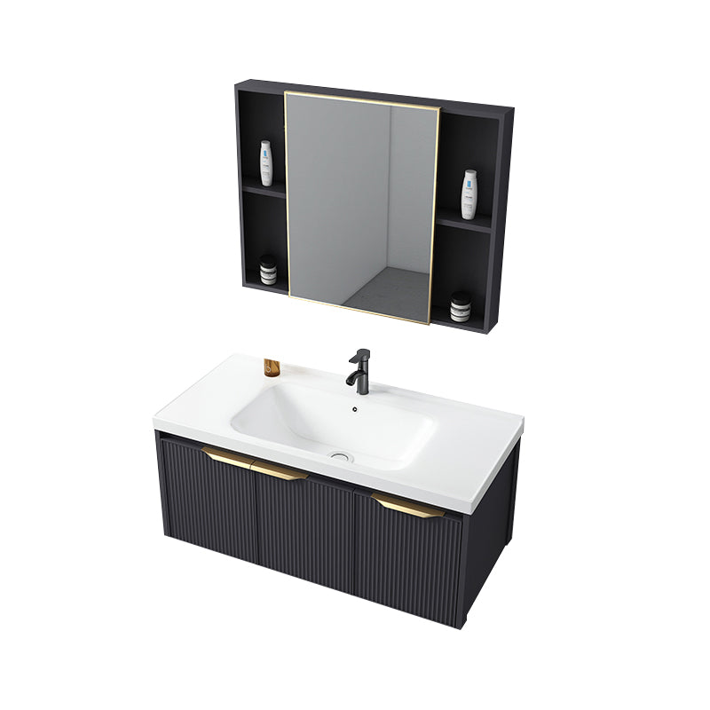 Glam Bath Vanity Single Sink Wall Mounted Metal Frame 2 Doors Mirror Grey Vanity Vanity & Faucet & Mirror Cabinet 35.4"L x 18.5"W x 15.7"H Clearhalo 'Bathroom Remodel & Bathroom Fixtures' 'Bathroom Vanities' 'bathroom_vanities' 'Home Improvement' 'home_improvement' 'home_improvement_bathroom_vanities' 7470849