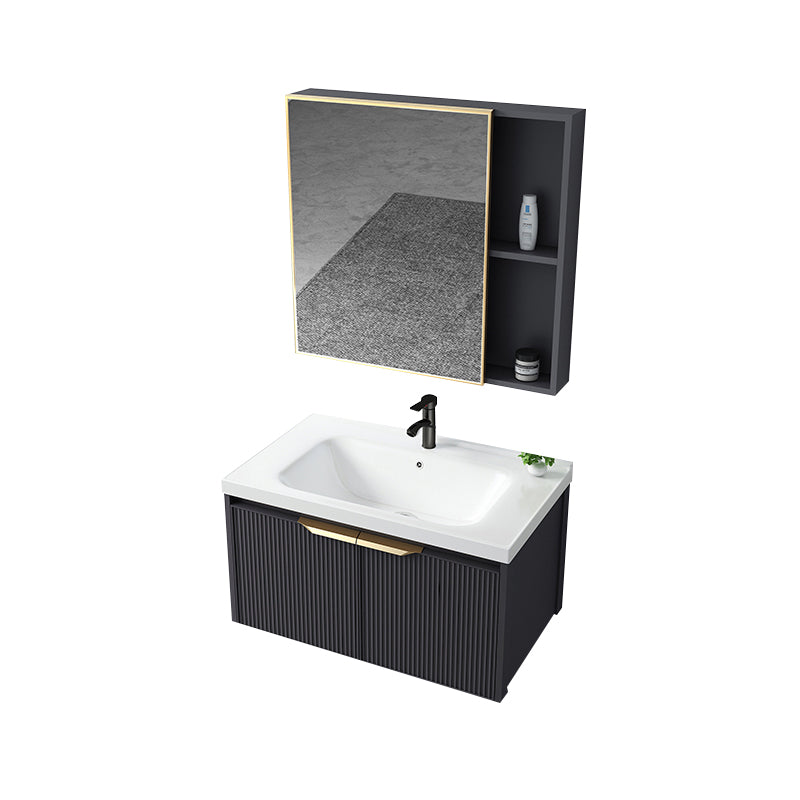 Glam Bath Vanity Single Sink Wall Mounted Metal Frame 2 Doors Mirror Grey Vanity Vanity & Faucet & Mirror Cabinet 28"L x 19"W x 16"H Clearhalo 'Bathroom Remodel & Bathroom Fixtures' 'Bathroom Vanities' 'bathroom_vanities' 'Home Improvement' 'home_improvement' 'home_improvement_bathroom_vanities' 7470851