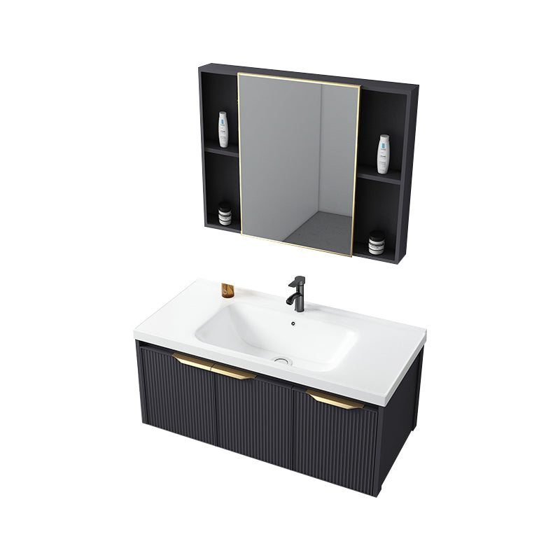 Glam Bath Vanity Single Sink Wall Mounted Metal Frame 2 Doors Mirror Grey Vanity Vanity & Faucet & Mirror Cabinet 39"L x 19"W x 16"H Clearhalo 'Bathroom Remodel & Bathroom Fixtures' 'Bathroom Vanities' 'bathroom_vanities' 'Home Improvement' 'home_improvement' 'home_improvement_bathroom_vanities' 7470861
