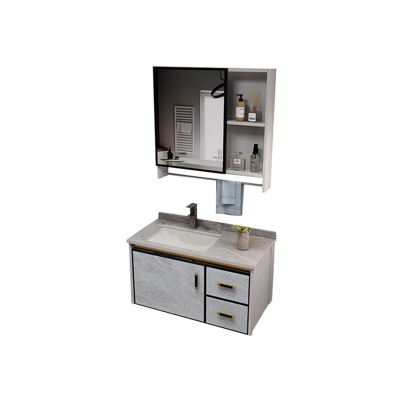 Metal Glam Sink Vanity Wall Mount Bathroom Vanity Set with Mirror Vanity & Faucet & Mirror Cabinet 28"L x 18.7"W x 17.7"H Stone Clearhalo 'Bathroom Remodel & Bathroom Fixtures' 'Bathroom Vanities' 'bathroom_vanities' 'Home Improvement' 'home_improvement' 'home_improvement_bathroom_vanities' 7476483