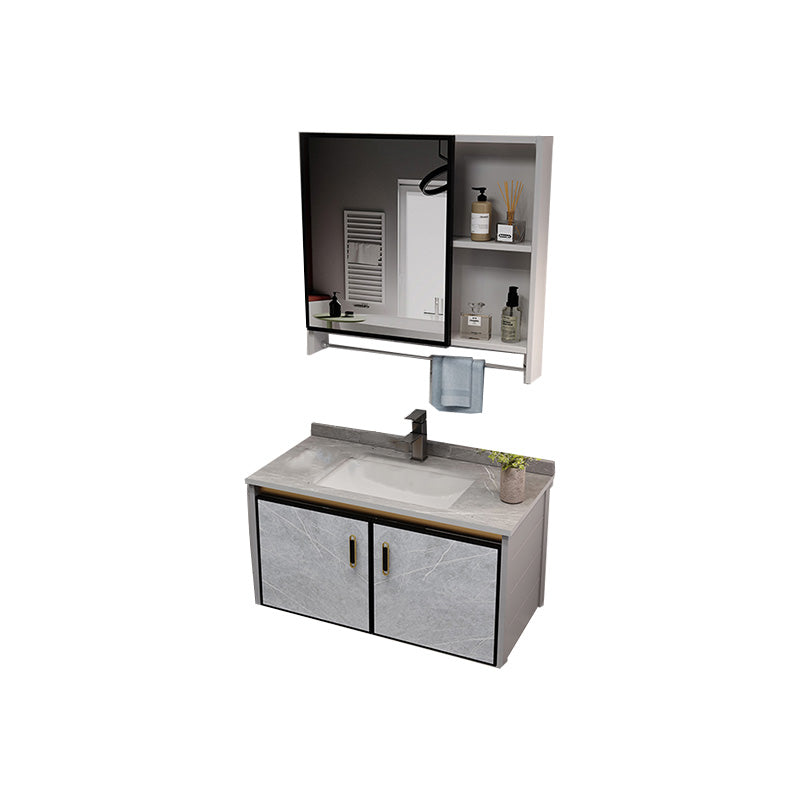 Metal Glam Sink Vanity Wall Mount Bathroom Vanity Set with Mirror Vanity & Faucet & Mirror Cabinet 28"L x 19"W x 15"H Stone Clearhalo 'Bathroom Remodel & Bathroom Fixtures' 'Bathroom Vanities' 'bathroom_vanities' 'Home Improvement' 'home_improvement' 'home_improvement_bathroom_vanities' 7476484